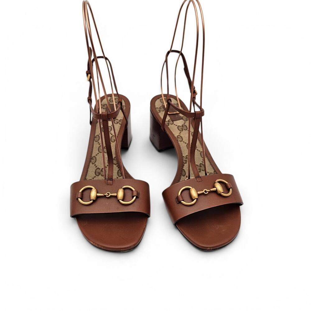 Gucci GG Brown Leather Horsebit T Strap Block Heel Sandal Gold Size 40 US 10